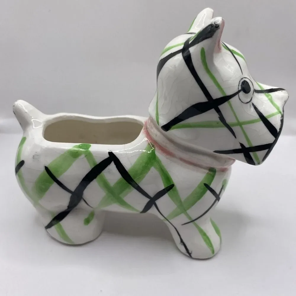 Vintage Japan Kitsch Patchwork Puppy Scottie Dog Planter Pot MCM 5